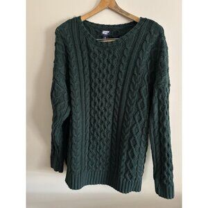 Lands End Cable Knit Cotton Fisherman Sweater Hunter Green Heavy Womens XL